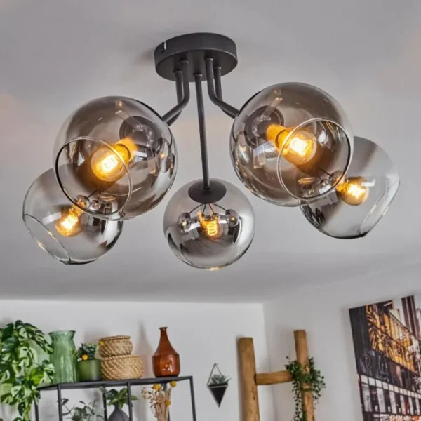 hofstein Plafonnier - Verre Koyoto Chrome, Clair, Fumé, 5 lumières* Lampes Modernes