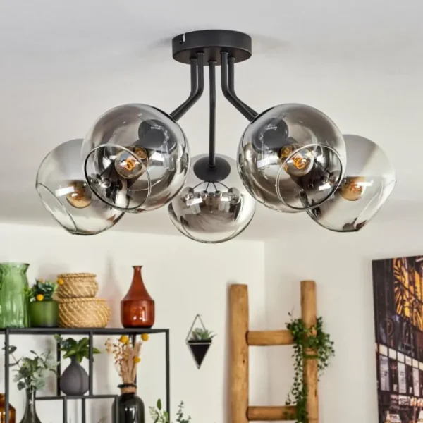 hofstein Plafonnier - Verre Koyoto Chrome, Clair, Fumé, 5 lumières* Lampes Modernes