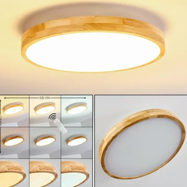 hofstein Plafonnier Bagaha LED Bois clair, 1 lumière, Télécommandes* Lampes Modernes
