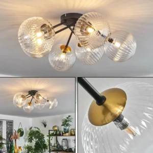 hofstein Plafonnier Chehalis Or, Noir, 6 lumières* Lampes En Verre