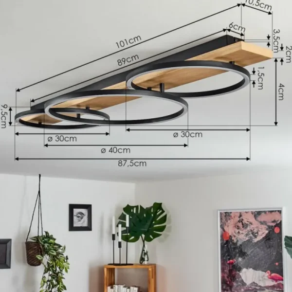 hofstein Plafonnier Pompu LED Bois clair, Noir, 3 lumières* Lampes Modernes