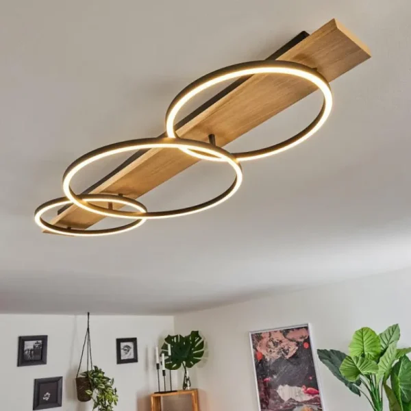 hofstein Plafonnier Pompu LED Bois clair, Noir, 3 lumières* Lampes Modernes
