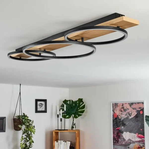 hofstein Plafonnier Pompu LED Bois clair, Noir, 3 lumières* Lampes Modernes
