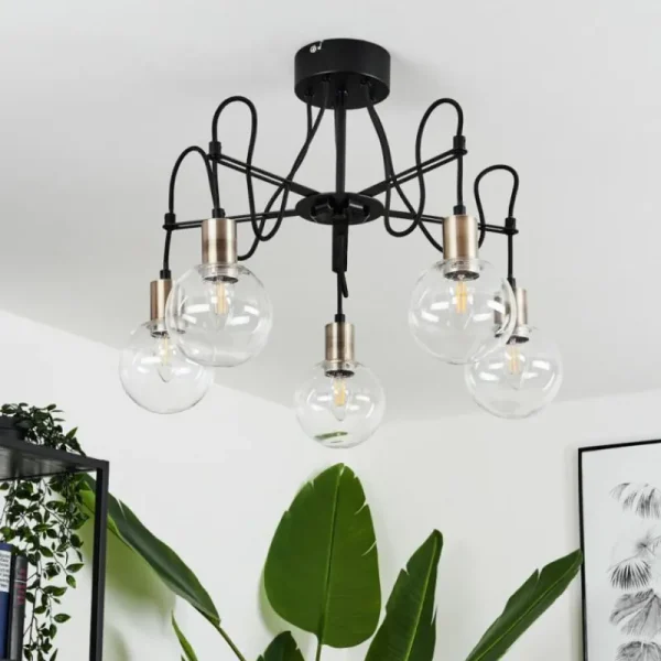 hofstein Plafonnier Quento Laiton, Noir, 5 lumières* Lampes En Verre