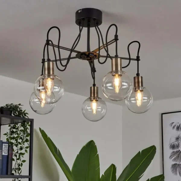 hofstein Plafonnier Quento Laiton, Noir, 5 lumières* Lampes En Verre