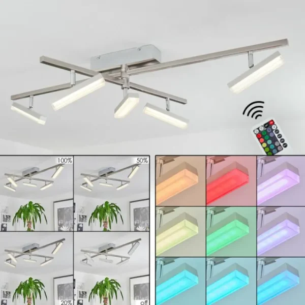 hofstein Plafonnier Vehkala LED Chrome, Nickel mat, 5 lumières, Télécommandes, Changeur de couleurs* Lampes Modernes