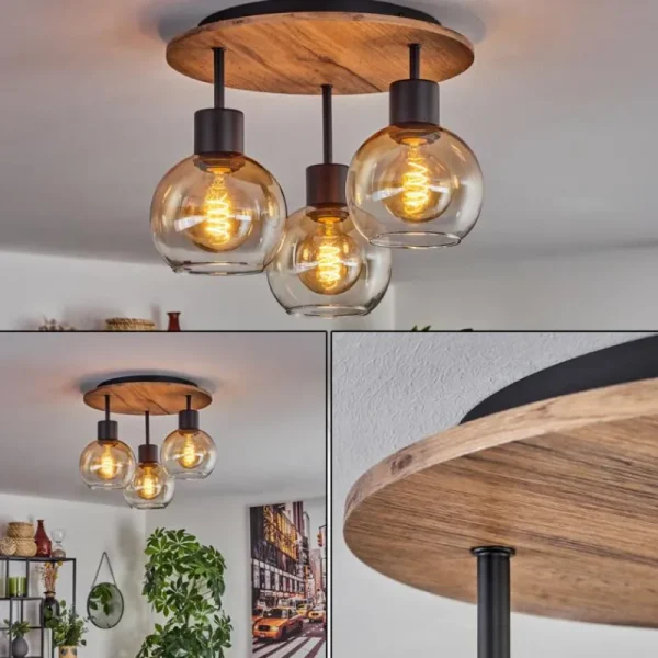 hofstein Plafonnier Vouhet Brun, Couleur bois, Noir, 3 lumières* Lampes Modernes