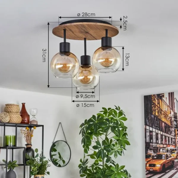 hofstein Plafonnier Vouhet Brun, Couleur bois, Noir, 3 lumières* Lampes Modernes