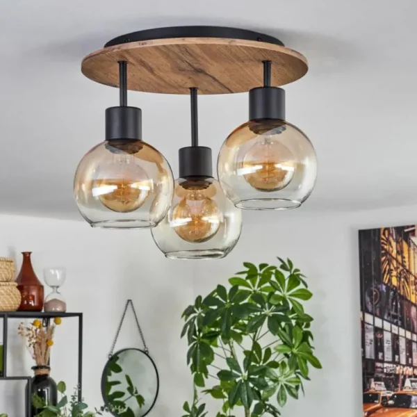 hofstein Plafonnier Vouhet Brun, Couleur bois, Noir, 3 lumières* Lampes Modernes