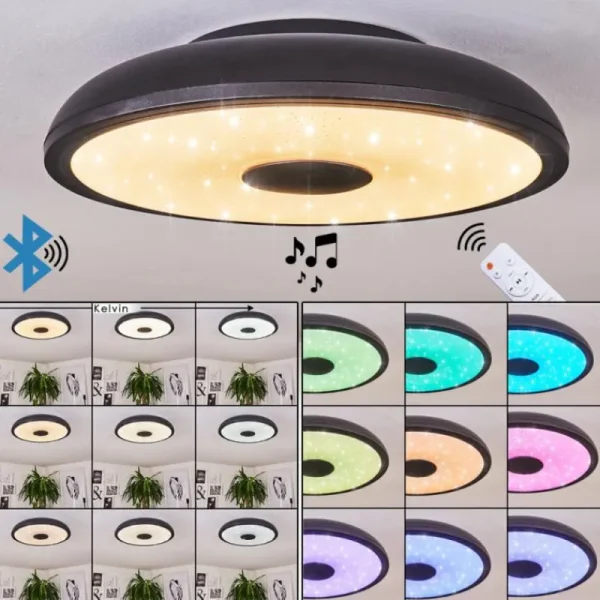 hofstein Plafonnier Vully LED Noir, 1 lumière, Télécommandes, Changeur de couleurs* Lampes Modernes