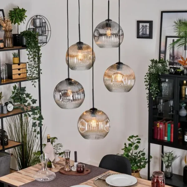 hofstein Ripoll Suspension, Boule lumineuse, Suspension grappe Ambre, Clair, Fumé, 5 lumières* Lampes Modernes