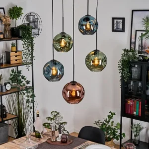hofstein Ripoll Suspension, Boule lumineuse, Suspension grappe Bleu, Vert, Cuivré, 5 lumières* Lampes En Verre