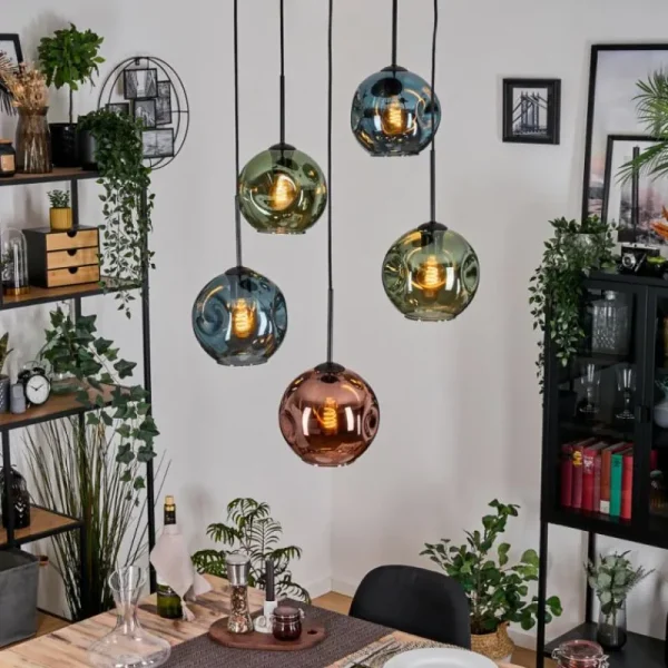 hofstein Ripoll Suspension, Boule lumineuse, Suspension grappe Bleu, Vert, Cuivré, 5 lumières* Lampes En Verre