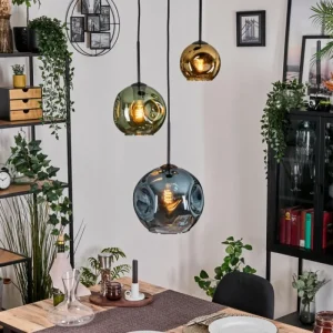 hofstein Ripoll Suspension, Boule lumineuse, Suspension grappe Bleu, Or, Vert, 3 lumières* Lampes En Verre
