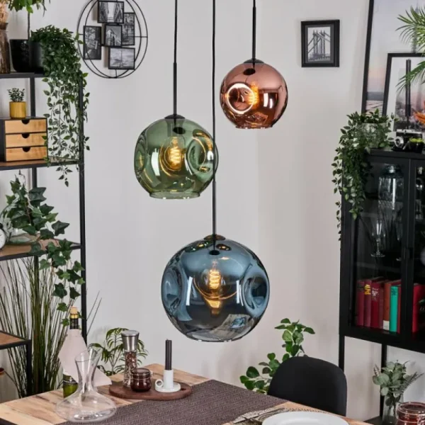 hofstein Ripoll Suspension, Boule lumineuse, Suspension grappe Bleu, Vert, Cuivré, 3 lumières* Lampes En Verre