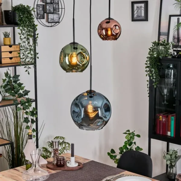 hofstein Ripoll Suspension, Boule lumineuse, Suspension grappe Bleu, Vert, Cuivré, 3 lumières* Lampes En Verre