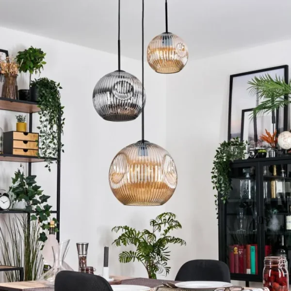 hofstein Ripoll Suspension, Boule lumineuse, Suspension, Suspension grappe Ambre, Chrome, Fumé, 3 lumières* Lampes Modernes