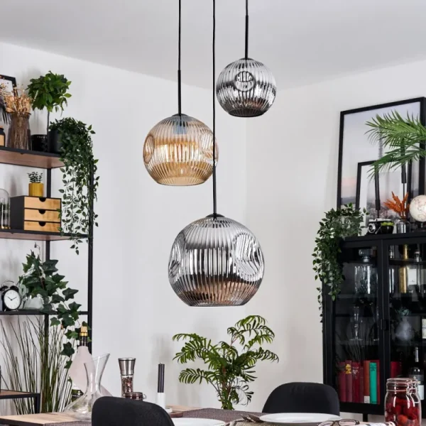 hofstein Ripoll Suspension, Boule lumineuse, Suspension, Suspension grappe Ambre, Chrome, Fumé, 3 lumières* Lampes Modernes