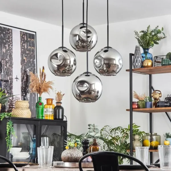 hofstein Ripoll Suspension, Boule lumineuse, Suspension Chrome, Fumé, 4 lumières* Lampes Modernes