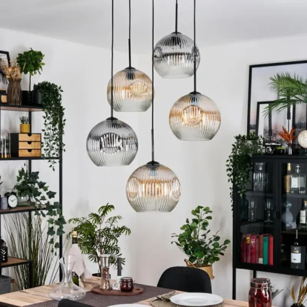 hofstein Ripoll Suspension, Boule lumineuse, Suspension grappe Ambre, Clair, Fumé, 5 lumières* Lampes Modernes