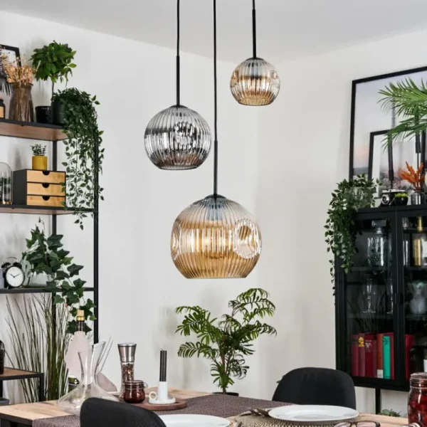 hofstein Ripoll Suspension, Boule lumineuse, Suspension, Suspension grappe Ambre, Chrome, Fumé, 3 lumières* Lampes Modernes