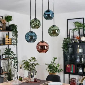 hofstein Ripoll Suspension, Boule lumineuse, Suspension grappe Bleu, Vert, Cuivré, 5 lumières* Lampes En Verre
