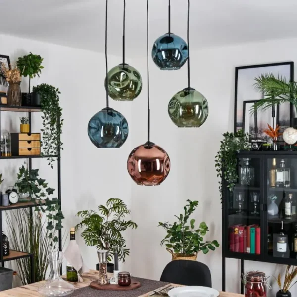 hofstein Ripoll Suspension, Boule lumineuse, Suspension grappe Bleu, Vert, Cuivré, 5 lumières* Lampes En Verre