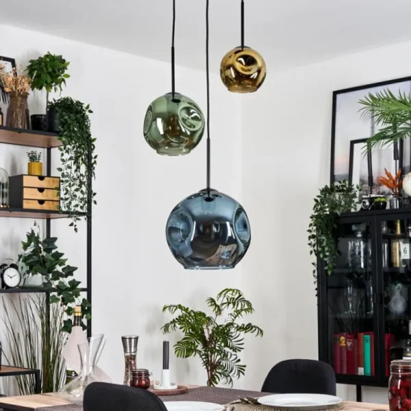 hofstein Ripoll Suspension, Boule lumineuse, Suspension grappe Bleu, Or, Vert, 3 lumières* Lampes En Verre