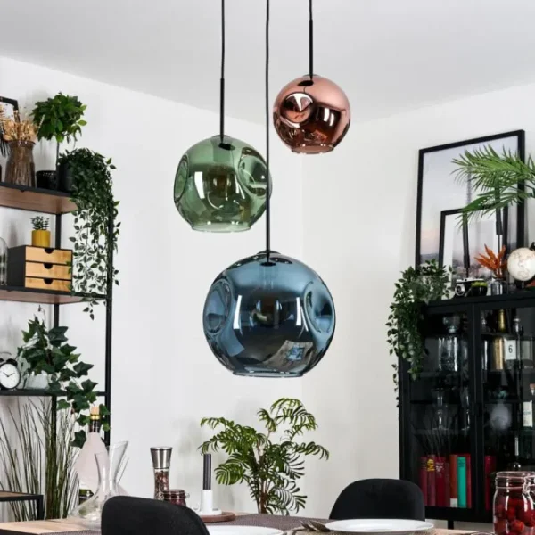 hofstein Ripoll Suspension, Boule lumineuse, Suspension grappe Bleu, Vert, Cuivré, 3 lumières* Lampes En Verre