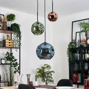hofstein Ripoll Suspension, Boule lumineuse, Suspension grappe Bleu, Vert, Cuivré, 3 lumières* Lampes En Verre