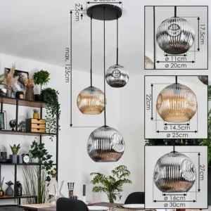 hofstein Ripoll Suspension, Boule lumineuse, Suspension, Suspension grappe Ambre, Chrome, Fumé, 3 lumières* Lampes Modernes