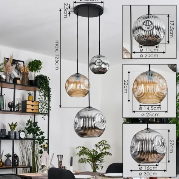 hofstein Ripoll Suspension, Boule lumineuse, Suspension, Suspension grappe Ambre, Chrome, Fumé, 3 lumières* Lampes Modernes