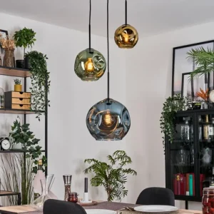 hofstein Ripoll Suspension, Boule lumineuse, Suspension grappe Bleu, Or, Vert, 3 lumières* Lampes En Verre