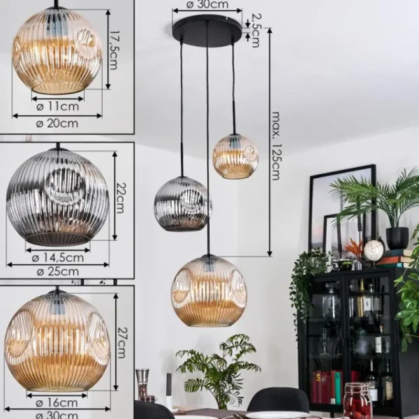 hofstein Ripoll Suspension, Boule lumineuse, Suspension, Suspension grappe Ambre, Chrome, Fumé, 3 lumières* Lampes Modernes