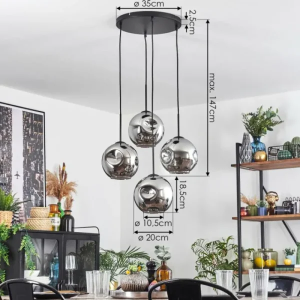 hofstein Ripoll Suspension, Boule lumineuse, Suspension Chrome, Fumé, 4 lumières* Lampes Modernes