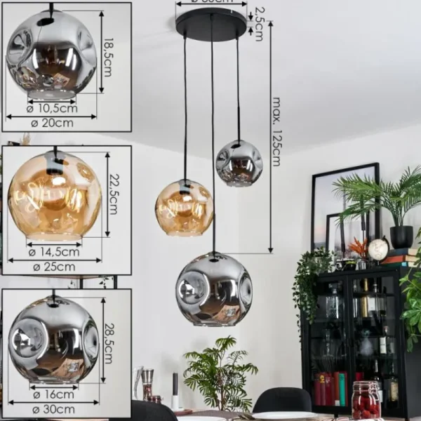 hofstein Ripoll Suspension, Boule lumineuse, Suspension, Suspension grappe Ambre, Fumé, 3 lumières* Lampes Modernes