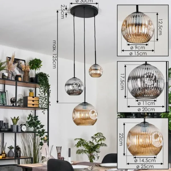 hofstein Ripoll Suspension, Boule lumineuse, Suspension, Suspension grappe Ambre, Chrome, Fumé, 3 lumières* Lampes Modernes