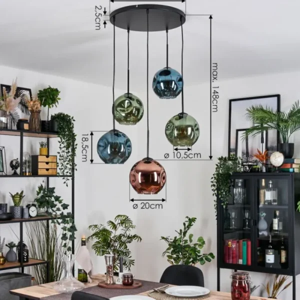 hofstein Ripoll Suspension, Boule lumineuse, Suspension grappe Bleu, Vert, Cuivré, 5 lumières* Lampes En Verre
