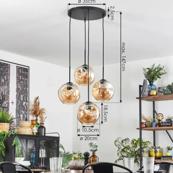 hofstein Ripoll Suspension, Boule lumineuse, Suspension Ambre, 4 lumières* Lampes En Verre