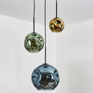 hofstein Ripoll Suspension, Boule lumineuse, Suspension grappe Bleu, Or, Vert, 3 lumières* Lampes En Verre