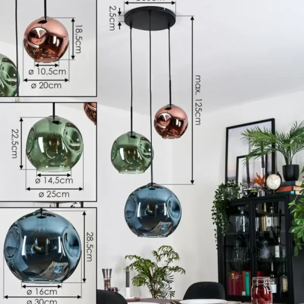 hofstein Ripoll Suspension, Boule lumineuse, Suspension grappe Bleu, Vert, Cuivré, 3 lumières* Lampes En Verre