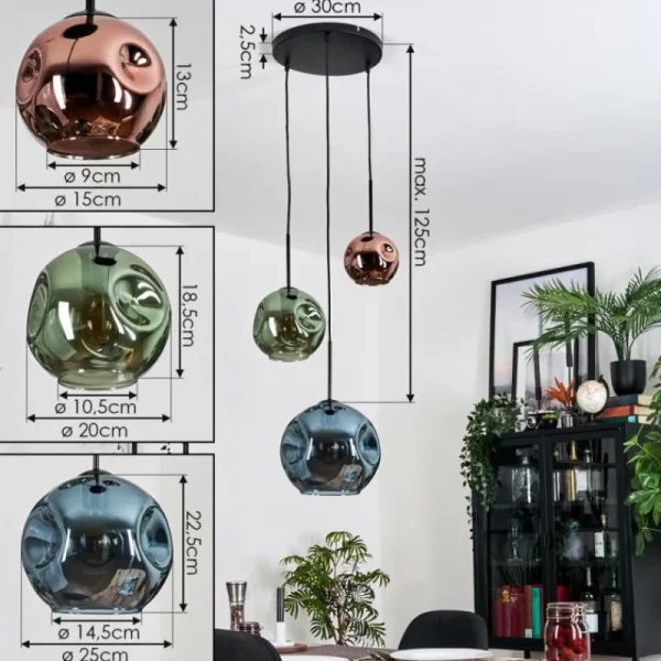hofstein Ripoll Suspension, Boule lumineuse, Suspension grappe Bleu, Vert, Cuivré, 3 lumières* Lampes En Verre