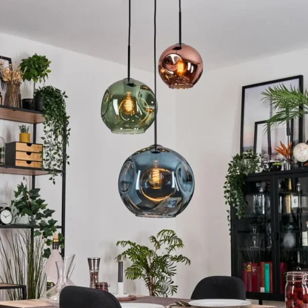 hofstein Ripoll Suspension, Boule lumineuse, Suspension grappe Bleu, Vert, Cuivré, 3 lumières* Lampes En Verre