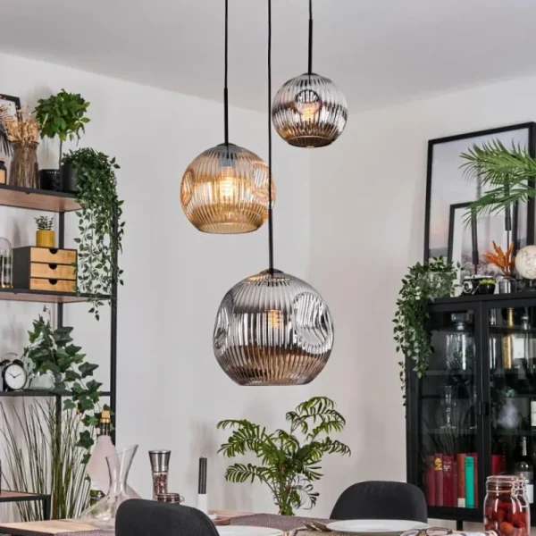 hofstein Ripoll Suspension, Boule lumineuse, Suspension, Suspension grappe Ambre, Chrome, Fumé, 3 lumières* Lampes Modernes