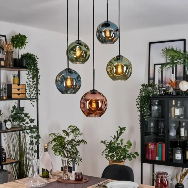 hofstein Ripoll Suspension, Boule lumineuse, Suspension grappe Bleu, Vert, Cuivré, 5 lumières* Lampes En Verre