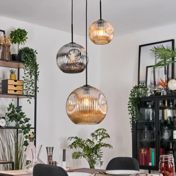 hofstein Ripoll Suspension, Boule lumineuse, Suspension, Suspension grappe Ambre, Chrome, Fumé, 3 lumières* Lampes Modernes