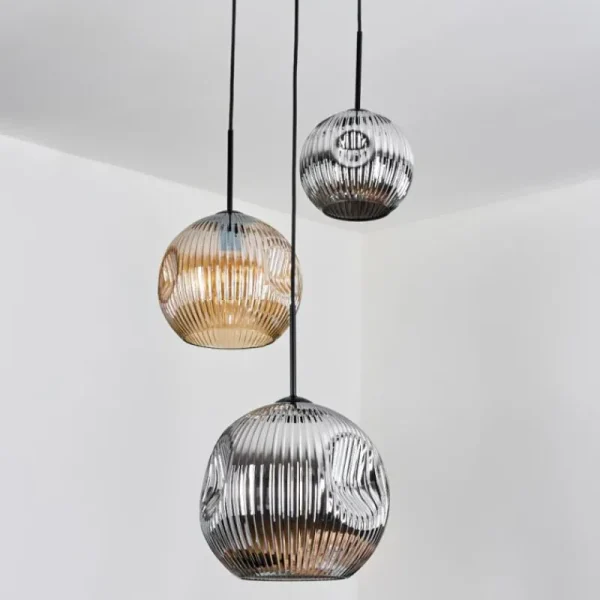 hofstein Ripoll Suspension, Boule lumineuse, Suspension, Suspension grappe Ambre, Chrome, Fumé, 3 lumières* Lampes Modernes