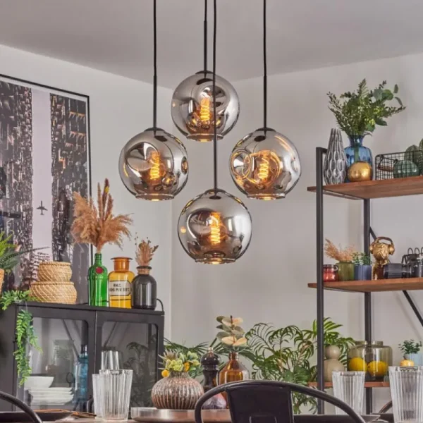 hofstein Ripoll Suspension, Boule lumineuse, Suspension Chrome, Fumé, 4 lumières* Lampes Modernes