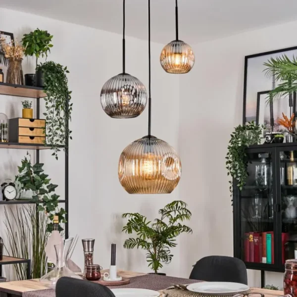 hofstein Ripoll Suspension, Boule lumineuse, Suspension, Suspension grappe Ambre, Chrome, Fumé, 3 lumières* Lampes Modernes