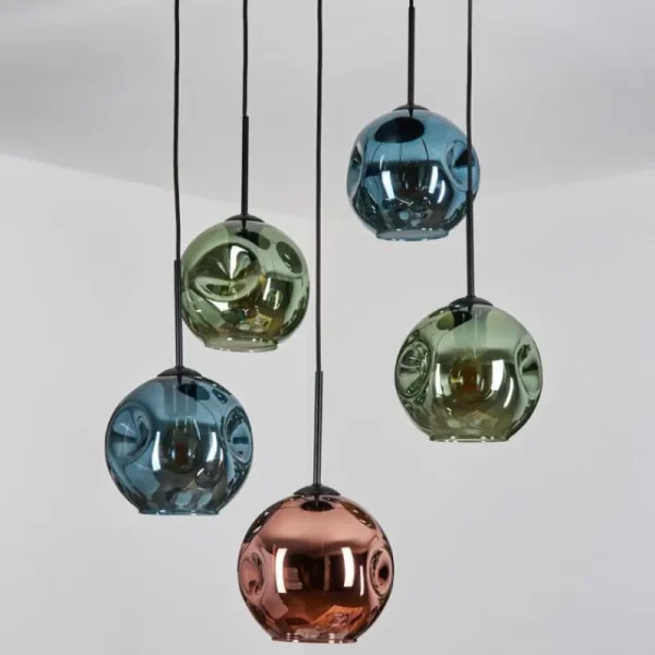 hofstein Ripoll Suspension, Boule lumineuse, Suspension grappe Bleu, Vert, Cuivré, 5 lumières* Lampes En Verre